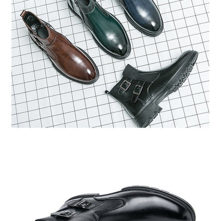 High-top British Double Buckle Slip-on Leather Boots 2023 Autumn And Winter