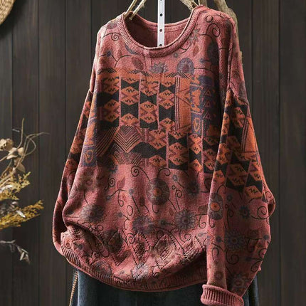 Women's Vintage Printed Cotton Knitted Sweater Round Neck