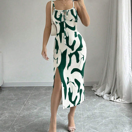 Summer Printed Suspender Split Dress Fashion Slim Lace-up Long Dresses For Women Clothing