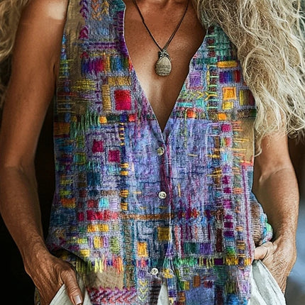 Spring New Trendy Button Vest Vintage Floral V-neck Shirt