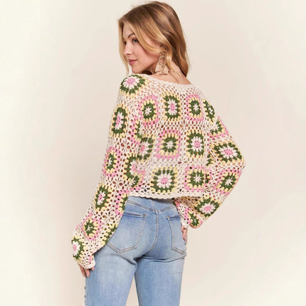 Multi-color Blocks Hollow Ethnic Style Bandage Dress Ladies Loose Pullover Top