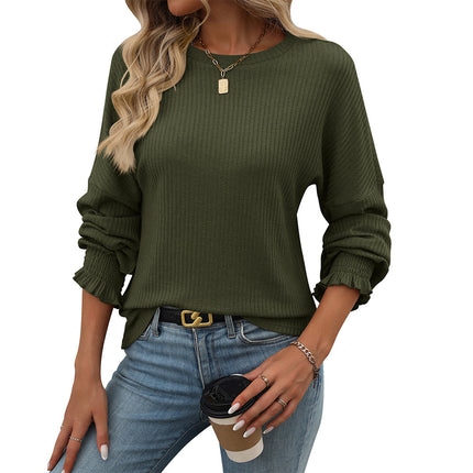 Loose Casual Sunken Stripe Long-sleeved T-shirt For Women