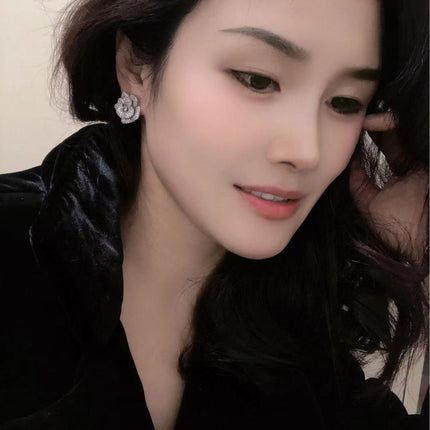 Camellia Ear Studs Wind Micro Inlaid Zircon High Sense Hollow Out Rose Simple And Elegant Earrings