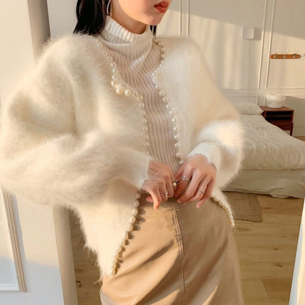 Korean Style Solid Color Fashion Loose Pearl Edge Mink-like Wool Cardigan Sweater