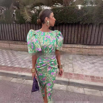 Crew Neck Split Lantern Sleeve Sexy Print Women's Dress