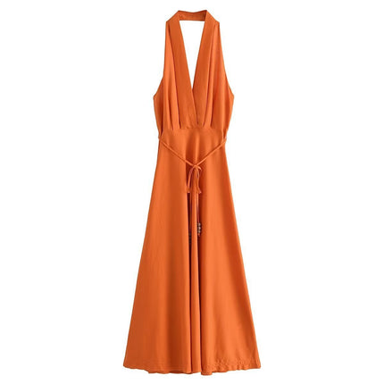 Backless Linen Midi Skirt Dress