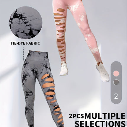 2 Pack Hollow Sexy High Elastic Women's Tie Dye Cutout Tights High Waist Workout Yoga Leggings, Scrunch Butt Lifting Elastic Pants, Tummy Control Butt Lifting Workout Yoga Athletic Pants