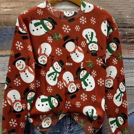 Christmas Snowman Red Festive Round Neck Sweater