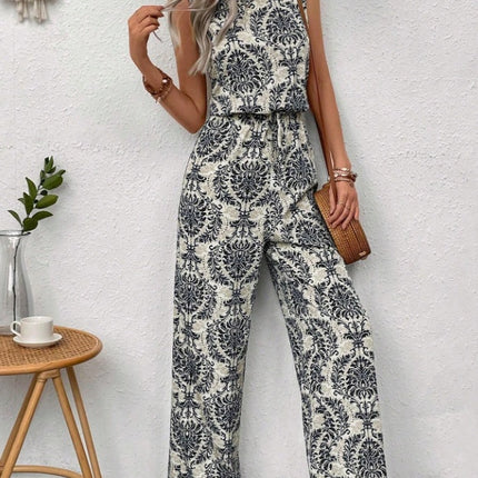 Printed Waist Cinching Casual Straight Leg Pants Set
