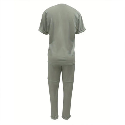 Women's Solid Color Short Sleeve Two-Piece Set - Round Neck, Stripe Trim, Tie Waist Belt, Pockets Spring&Summer Casual Outfit