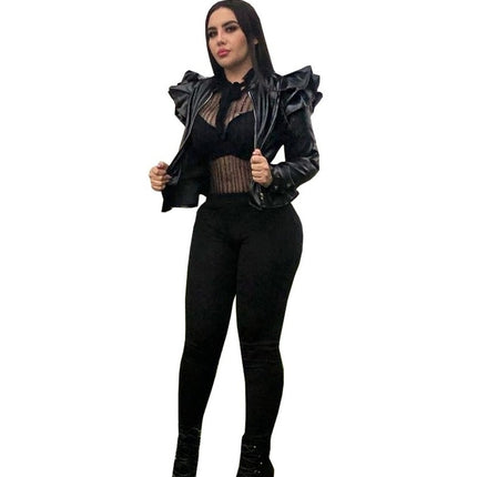 Leather Casual Women's Ruffled Leather Jacket