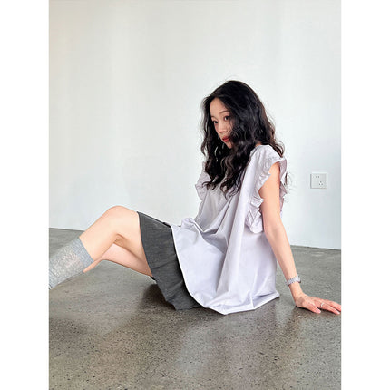 Casual Lace Ruffle Sleeve Shirt Top V-neck Buttons Pleated