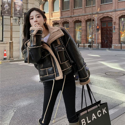 Lamb Wool Motorcycle Jacket Loose And Thick Contrast Color