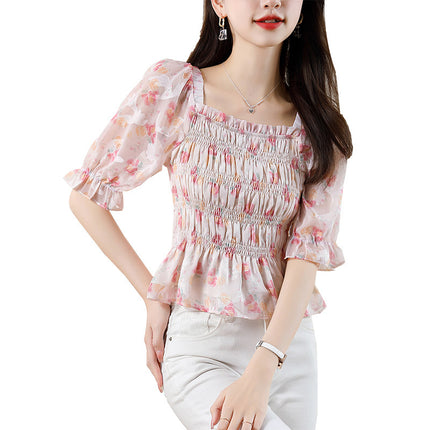 Women's French-style Square Collar Floral Shirt