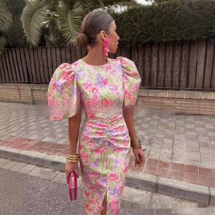 Crew Neck Split Lantern Sleeve Sexy Print Women's Dress