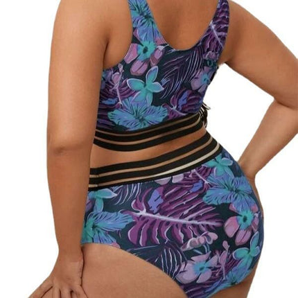 Plump Girls Plus Size V-neck Vest Type Plant Flower High Waist Bikini