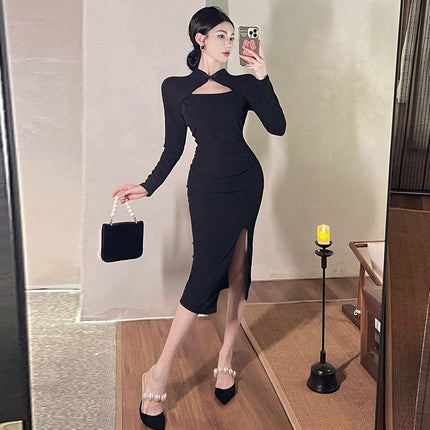 European And American Sexy Hot Girl Long Sleeve Hollow-out Cinched Split Hip Dress