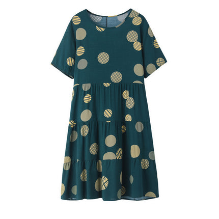 Casual Round Neck Short-sleeved Printed Multi-layer Splicing Large Hem Dress