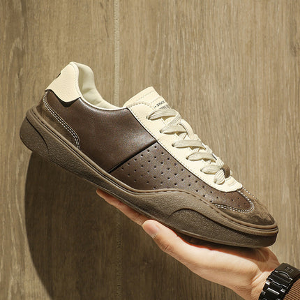 Stitching Contrast Color Genuine Leather Platform Flat Casual Board Shoes