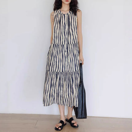 Round Neck Loose Stripe A- Word Vacation Style Midi Dress