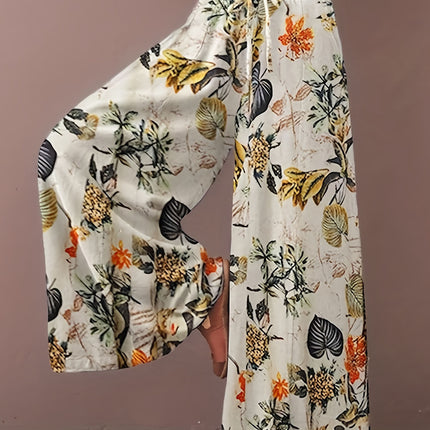 Plus Size Botanical Print Tie Women'S Casual Waisted Loose Wide Leg Pants