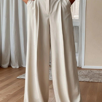 Women's Plus Size High Waist Straight Leg Trousers - Elegant, Polyester, Machine Washable, Casual Suit Pants For Women
