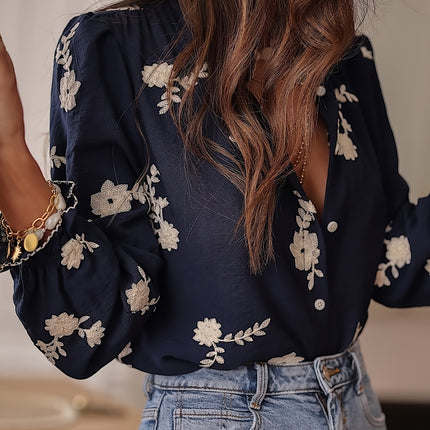 Long Sleeve Printed Top Lapel Lantern Sleeve Shirt