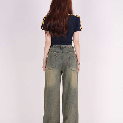 Retro Tattered Jeans Pants Love Wide Leg Jeans