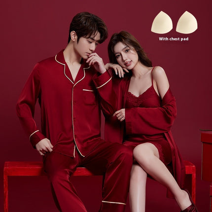 Spring And Autumn Ice Silk Red Festive Men's And Women's Wedding Dowry Suit