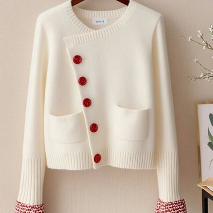 Design Sense Outer Wear Diagonal Buckle White Sweater Coat