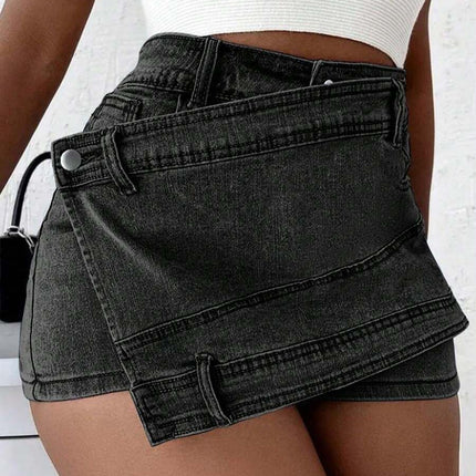 Grunge Punk Street New Vintage Stretchy Overlap Waist Wrap Asymmetric Hem A-Line Skinny Denim Skorts Halloween Clothes Jeans