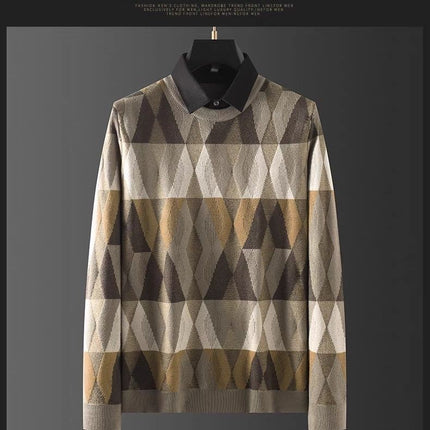 Contrast Color Diamond Lattice Fake Two-piece Warm Men's Shirt