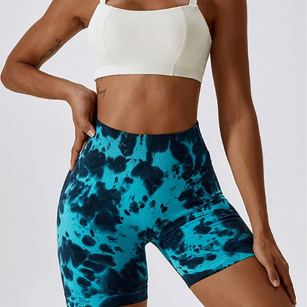High Waist Tummy Control Yoga Shorts For Women, Tie-Dye Ruched Booty Lifting Workout Fitness Shorts, Hip Lifting Sports Activewear, Gym Exercise Running Shorts