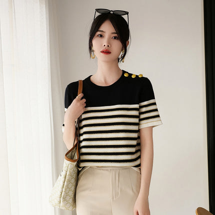 Knitted Short-sleeved Loose Striped T-shirt