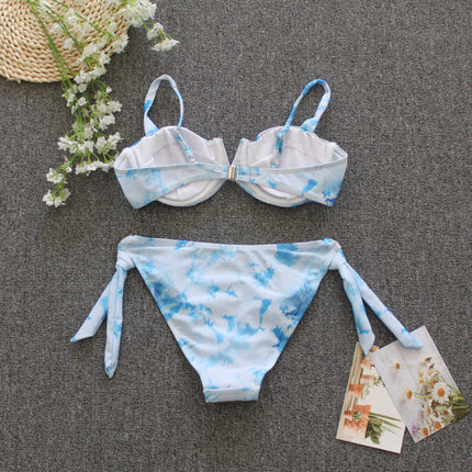 Tie-dyed Bikini Split Swimsuit Tied V-neck Underwire Swimsuit