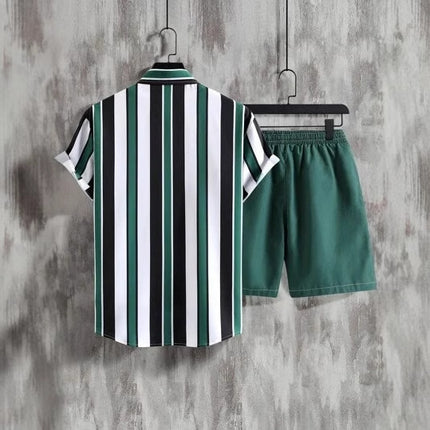 Striped Contrast Color 3D Printing Vacation Shirt Shorts 2 Pieces Suit