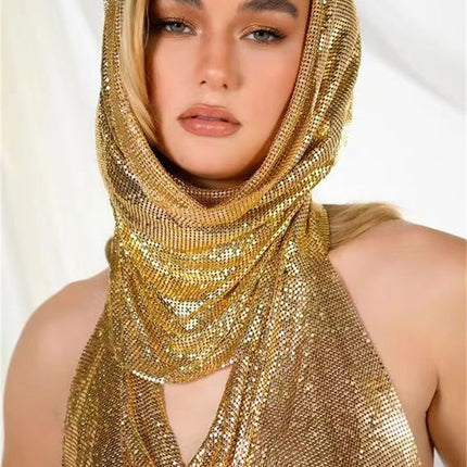 Back Slit Metal Sequins Top Scarf Two-piece Set