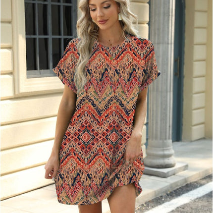 Loose Crew Neck Short Sleeve Printed Pocket Dress