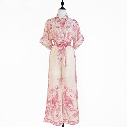 Australian Niche Printing Lapel Rolled Sleeves Shirt Wide Leg Trousers Suit