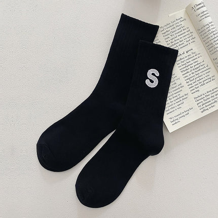 Women's Embroidered S-letter Cotton Sweat-absorbent Autumn And Winter Socks