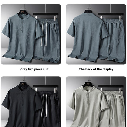 Men's National Style Cotton And Linen Casual Shorts Short Sleeve Two-piece Set
