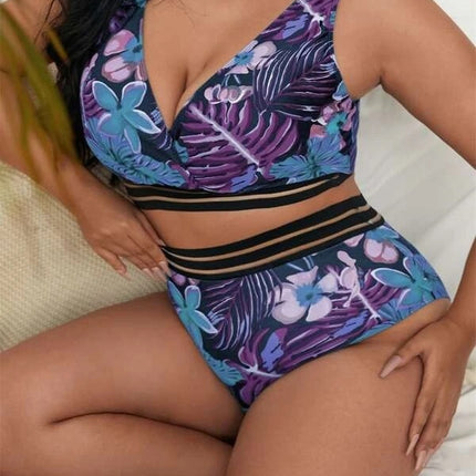 Plump Girls Plus Size V-neck Vest Type Plant Flower High Waist Bikini