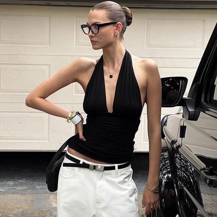 Ins Style Pure Color Halter V-neck Backless Slim Fit Top