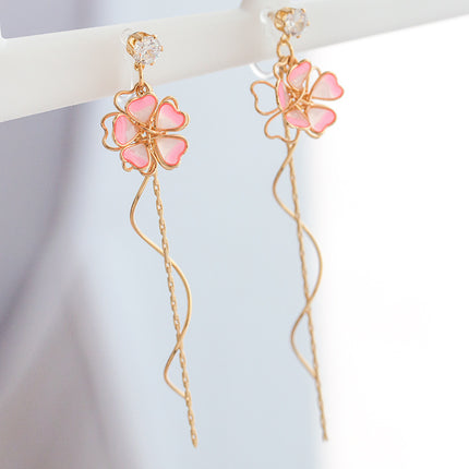 Japanese Sakura Fairy Temperament Tassel Spiral Chain Earrings Girl