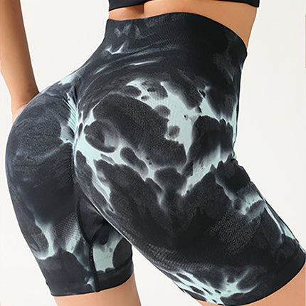 High Waist Tummy Control Yoga Shorts For Women, Tie-Dye Ruched Booty Lifting Workout Fitness Shorts, Hip Lifting Sports Activewear, Gym Exercise Running Shorts