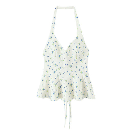 Summer New Women's Flower Print Hanging Collar Top