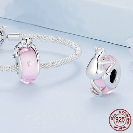 925 Sterling Silver Glass Cat Beaded Bracelet