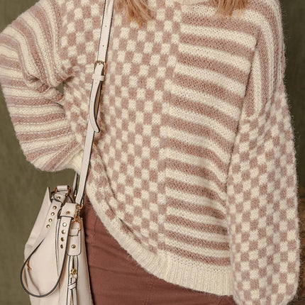 Khaki Stripe Checkerboard Drop Shoulder Balloon Sleeve Sweater
