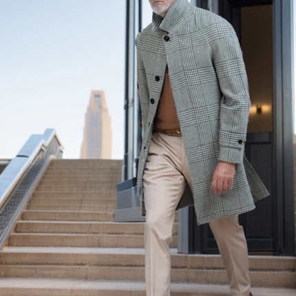 Men's Raglan Sleeve Checked Woolen Coat Fashion