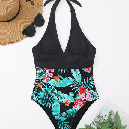 Multicolor Printing Deep V Big Chest Halter Backless One Piece Swimsuit